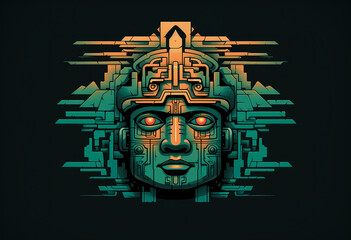 Green and orange Olmec head design illustration.