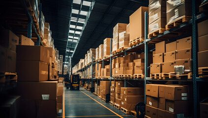 large warehouse with many packages and boxes in racks and shelves