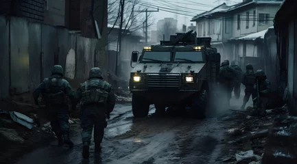 Fototapete Rund armed soldiers and army truck vehicle in a narrow dirty street © fraudiana