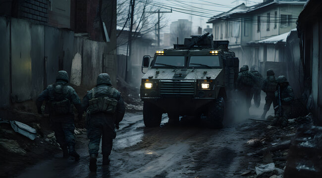 armed soldiers and army truck vehicle in a narrow dirty street