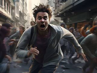 man in panic running away with crowd - obrazy, fototapety, plakaty