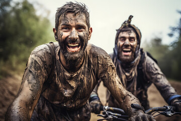 two people having fun biking in dirty with muddy mud faces - obrazy, fototapety, plakaty