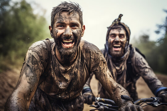 two people having fun biking in dirty with muddy mud faces