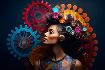 Portrait of a woman surrounded by colorful gears and wheels, depicting the concept of neurodiversity - obrazy, fototapety, plakaty