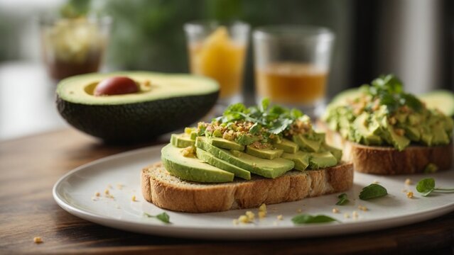Close-up high-resolution image of healthy avocado toast for breakfast. Generative AI.