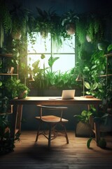 Obraz premium The interior of the workplace is surrounded by a lot of home plants. Eco-friendly. AI generating
