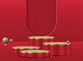 Red background with geometric shape podium for product. Vector illustration.