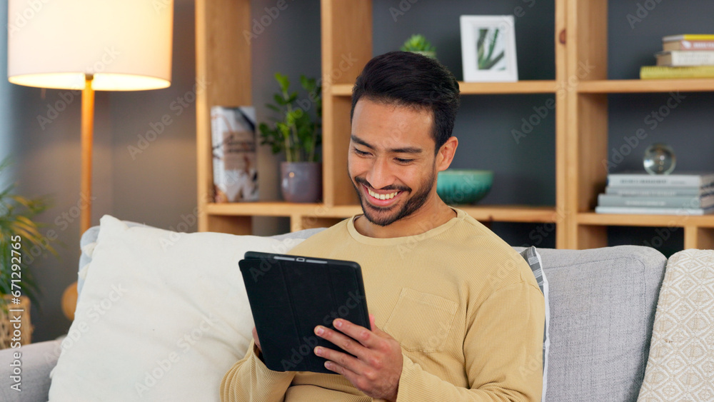 Poster Man, tablet and social media, communication and relax on sofa with technology and happy at home. Search internet, connectivity and app with connection, video online or chat with scroll on website