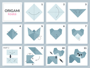 Koala origami scheme tutorial moving model. Origami for kids. Step by step how to make a cute origami koala. Vector illustration.