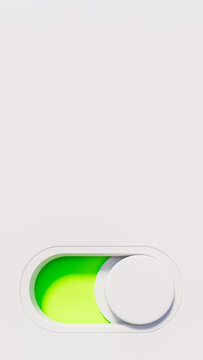 Vertical image of a round switch in active green zone, technology and energy theme