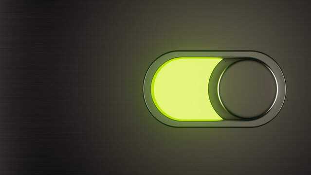 Horizontal image of round switch with green power warning light indicator, technology and energy