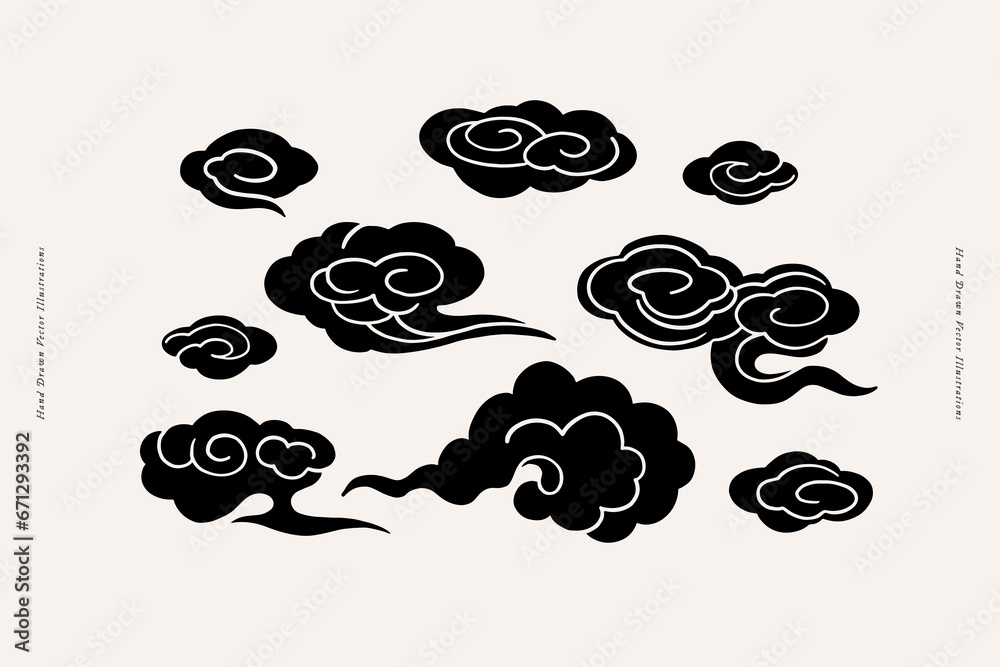 Poster black clouds in asian style on an isolated light background. decorative clouds are traditional in ti