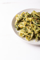 Mackerel pasta with basil. Balanced Mediterranean dish rich in omega 3.