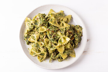 Mackerel pasta with basil. Balanced Mediterranean dish rich in omega 3.