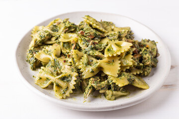 Mackerel pasta with basil. Balanced Mediterranean dish rich in omega 3.