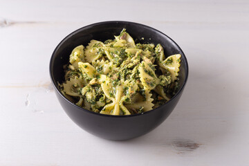 Mackerel pasta with basil. Balanced Mediterranean dish rich in omega 3.