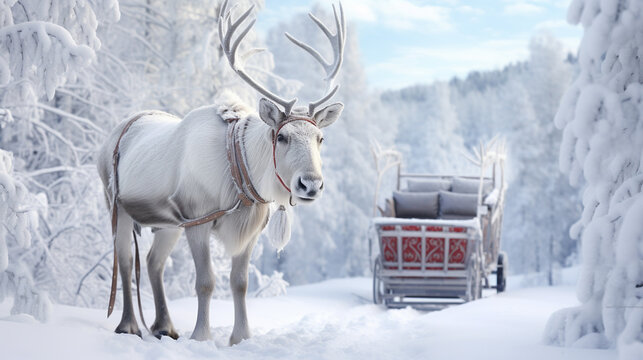 a beautiful elk in a sled in the forest on a background of snow and a sled New Year.Generative AI
