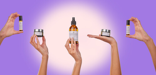 Skincare, hands and woman in studio with product, beauty and cosmetics on purple background. Bottle, container and model show skin, dermatology or selection, wellness or essential oil care or cream