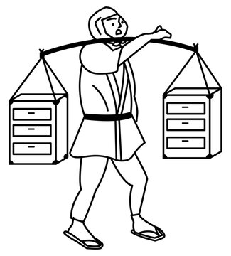 天秤棒を担ぐ江戸時代の町民（商人の男性）のイラスト
