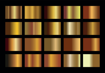 Gold gradient set background vector icon texture metallic illustration for frame, ribbon, banner, coin and label. Realistic abstract golden design seamless pattern. Elegant light and shine template