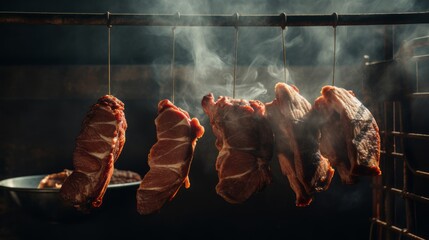 Smoked delicious meat with natural wooden smoke. Moody lighting. Website header or social media use.