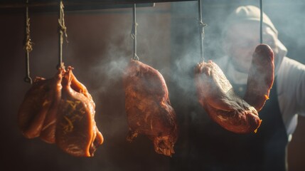 Smoked delicious meat with natural wooden smoke. Moody lighting. Website header or social media use.