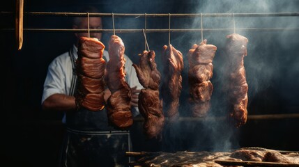 Smoked delicious meat with natural wooden smoke. Moody lighting. Website header or social media use.