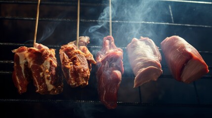 Smoked delicious meat with natural wooden smoke. Moody lighting. Website header or social media use. - obrazy, fototapety, plakaty