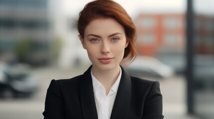 A confident young beautiful businesswoman in black coat or suit is standing near the office building.