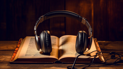 books with the earphones. Audiobooks. Listen and study concept.