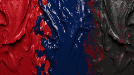 Traces de peintures fraîches de couleur rouge, noir et bleu. Peindre, abstrait, pinceau. Arrière-plan pour conception et création graphique.