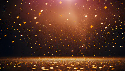 Background with golden confetti falling onto the floor covered in golden confetti, illuminated by a light shining from above, creating a radiant atmosphere