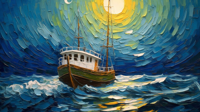 Peinture représentant un bateau naviguant sur l'océan. Peindre, réaliste, pinceau. Arrière-plan pour conception et création graphique.