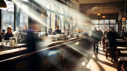 Busy restaurant with people passing by