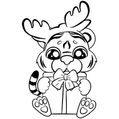Christmas tiger with gift box coloring page for kids. Christmas template 2024. Coloring book for kids.
