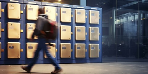 A person walks on airport, train station, gym, office lockers.