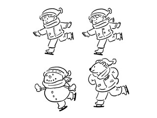 スケートをする男の子と女の子と雪だるまと白熊のイラストセット　線画