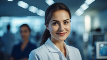 Smiling female scientist standing in a modern lab created with Generative AI