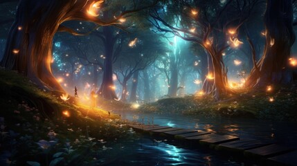 Ancient trees surrounding pond with luminous fungi. Magical woodland concept.