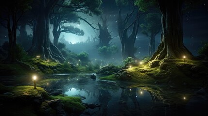 Serene woodland with water reflections and shining flora. Dreamy nature concept.