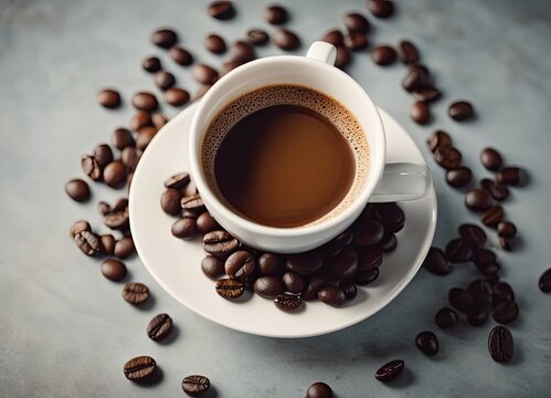 coffee on the table, coffee beans, commercial photography, 