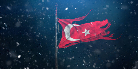Turkey, Republic of Turkey flag, the torn flag waving in the wind and storm. 3D Design.
