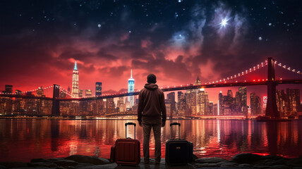 Fototapeta na wymiar Young man traveler with suitcase looking at night view of New York city generative IA