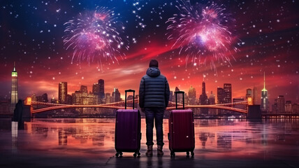 Traveler with suitcase looking at fireworks and New York cityscape on background generativa IA