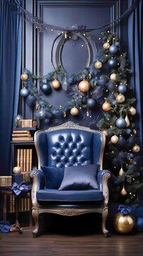 Modern shining Christmas, New Year interior with chair, Scandinavian style. Great for backdrop, background, greeting card idea, design.  Dark blue tones. Generative AI