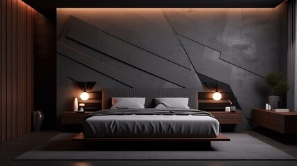Design of luxury bedroom with dark interior. Generative AI.