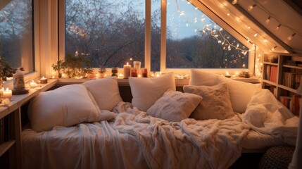 A cozy reading nook by the window, adorned with fluffy pillows and fairy lights. Generative AI.