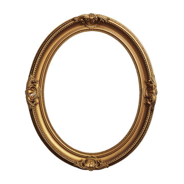Antique round oval gold picture mirror frame isolated on transparent white background, png, cutout