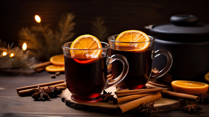Warm and cozy. Glass cups of winter mulled wine with spices and orange slices. Still life with a traditional drink. Cheerful New Year festive atmosphere. Generative AI