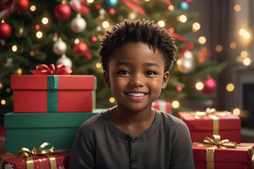 Black boy smiling in front of a Christmas tree and surrounded by gifts